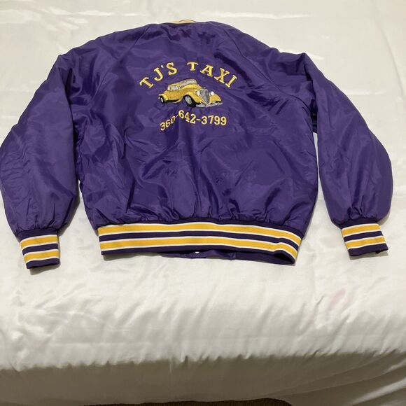 Vintage Satin Jacket TJ’s TAXI Purple Yellow Embroidered TONY Retro Men’s L - Picture 1 of 9